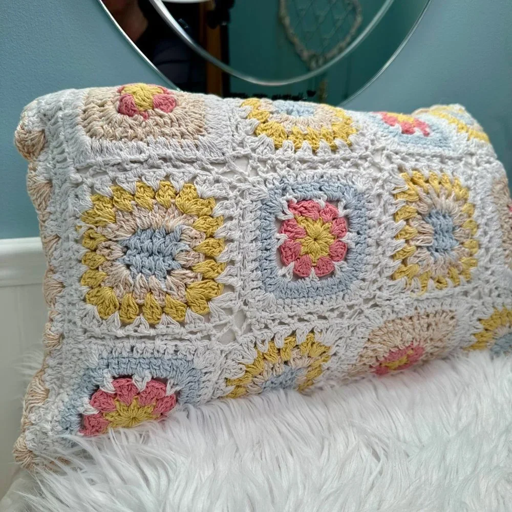 Chelsea & Theodore Cottagecore Olearia Crochet Grannycore Granny Square Pillow 1